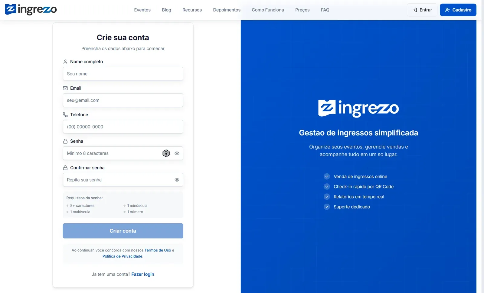 Ingrezo — Criação de conta: gestão de ingressos simplificada para organizadores